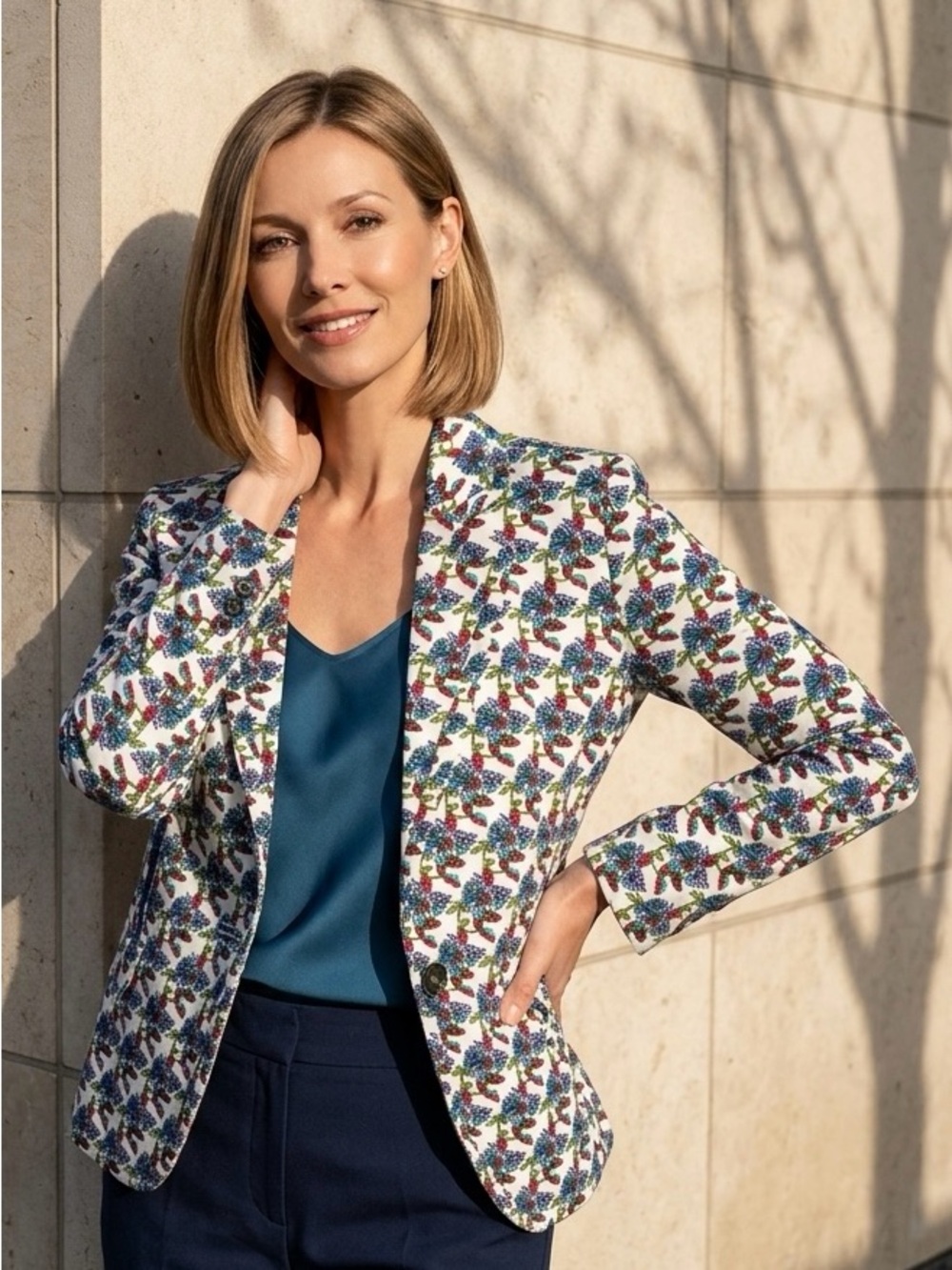 Linea Domani Floral Y2K Lined Preppy Office Classic 100% Silk Blazer-8
